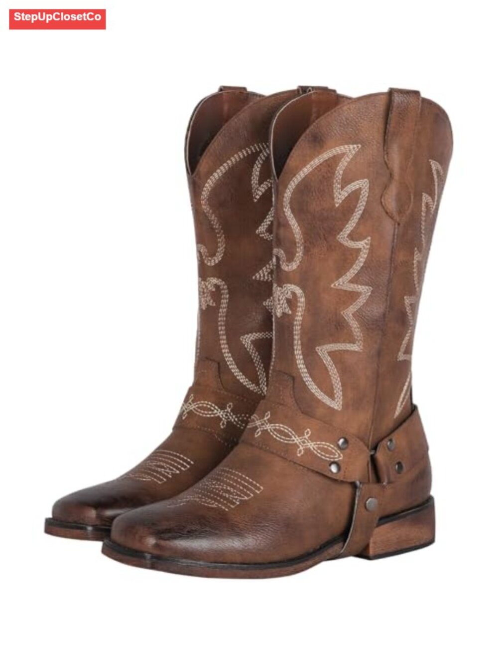 Women's Wide Calf Cowboy Boots Faux Leather Square Toe Buckle Strap Mid-Calf
